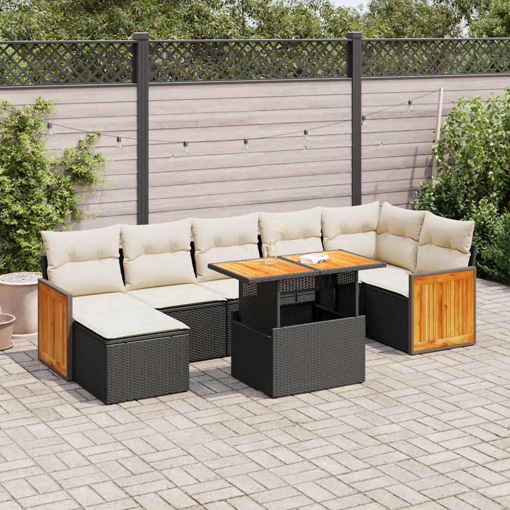 8 Pcs conjunto sofás jardim com almofadões vime PE/acácia preto