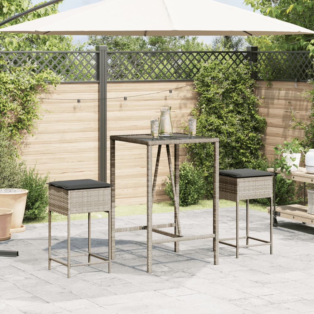 Bancos de bar p/ jardim com almofadões 2pcs vime PE cinza-claro