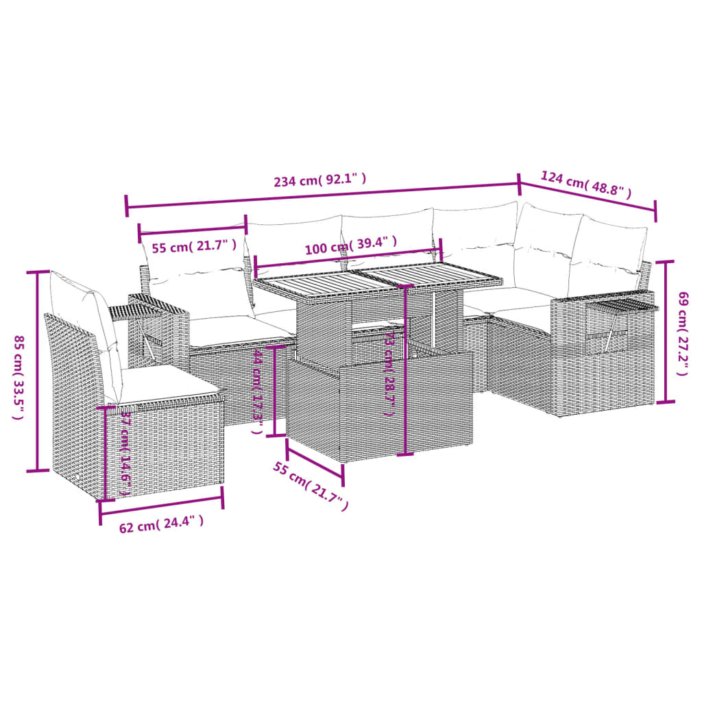 7 Pcs conjunto de sofás p/ jardim com almofadões vime PE bege