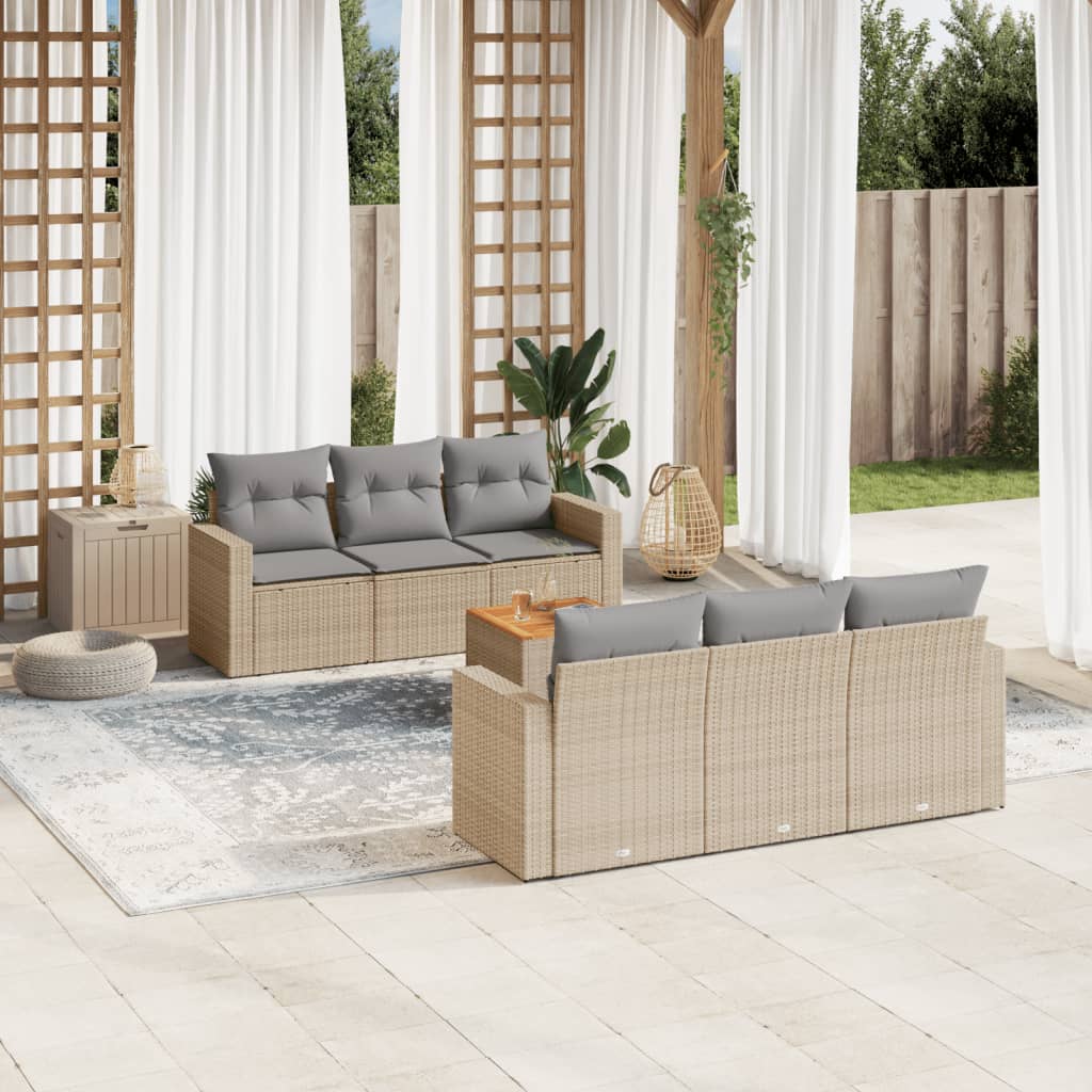 7 Pcs conjunto de sofás p/ jardim com almofadões vime PE bege