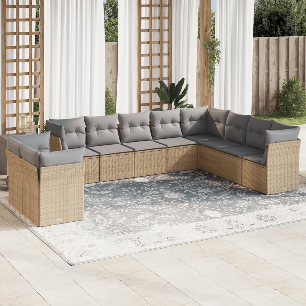 10 Pcs conjunto de sofás p/ jardim com almofadões vime PE bege