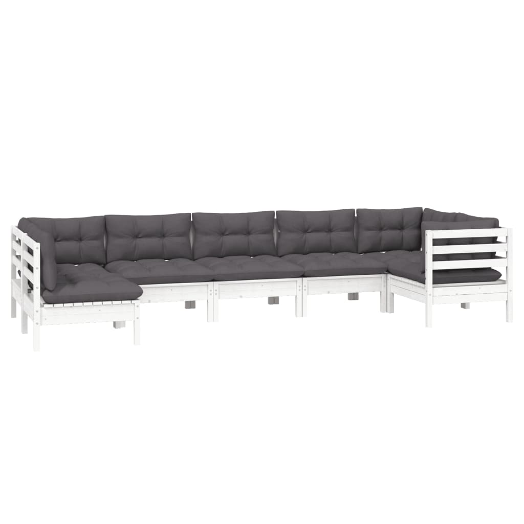 7 Pcs conjunto lounge de jardim c/ almofadões pinho branco