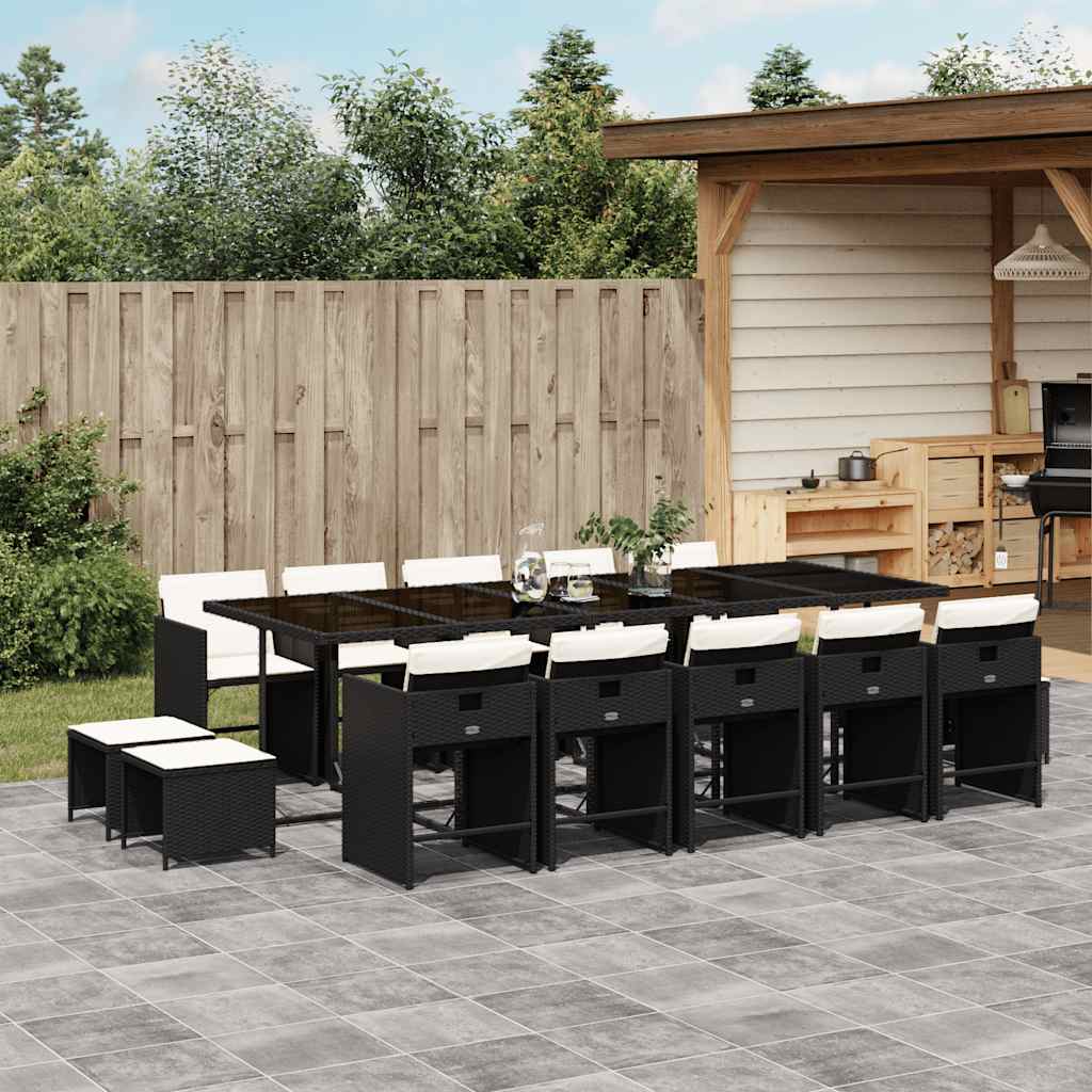 15 Pcs conjunto de jantar p/jardim com almofadões vime PE preto