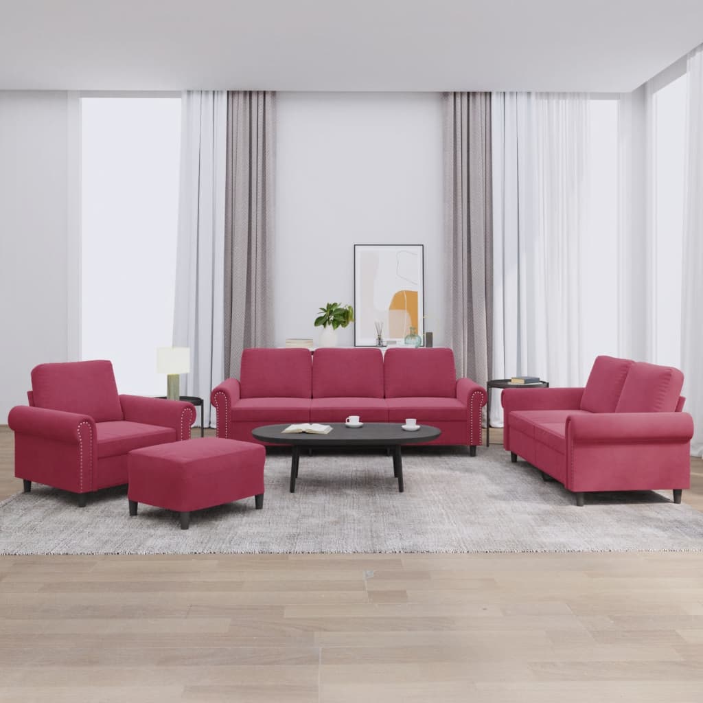 4 Pcs conjunto de sofás com almofadões veludo vermelho tinto