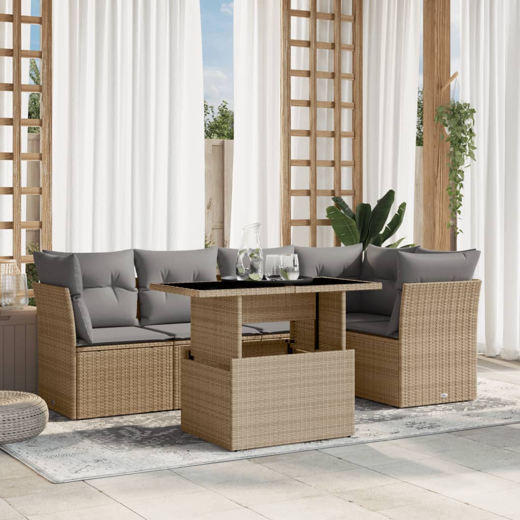 6 Pcs conjunto de sofás p/ jardim com almofadões vime PE bege