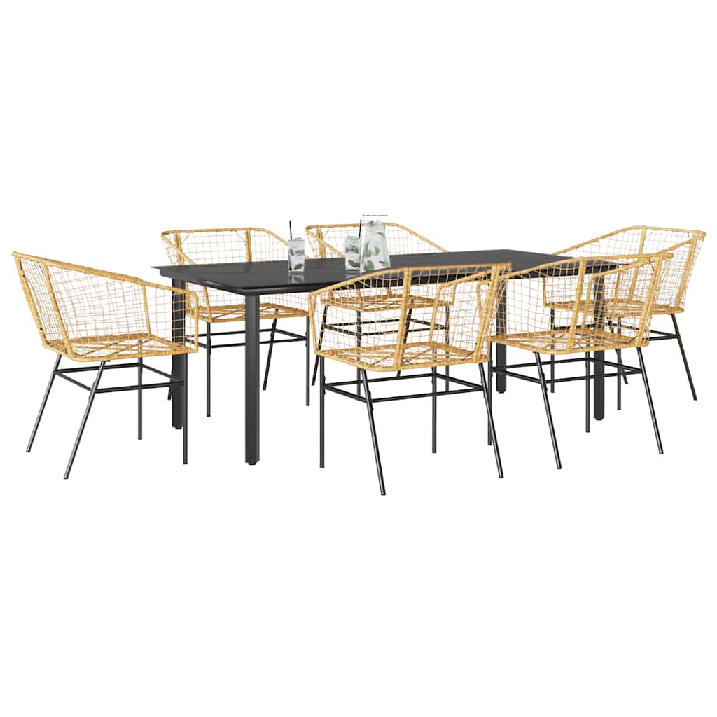 Conjunto jantar jardim 7 peças vidro vime PE castanho
