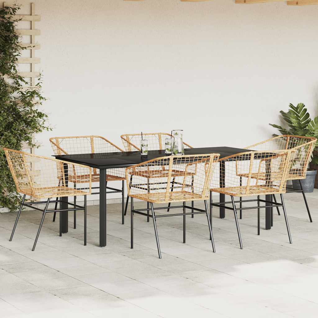 Conjunto jantar jardim 7 peças vidro vime PE castanho
