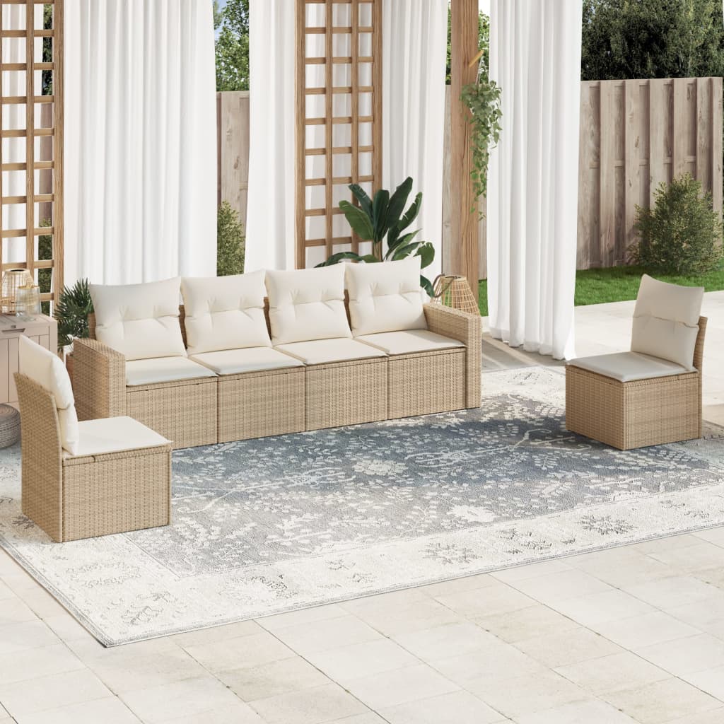 6 Pcs conjunto de sofás p/ jardim com almofadões vime PE bege