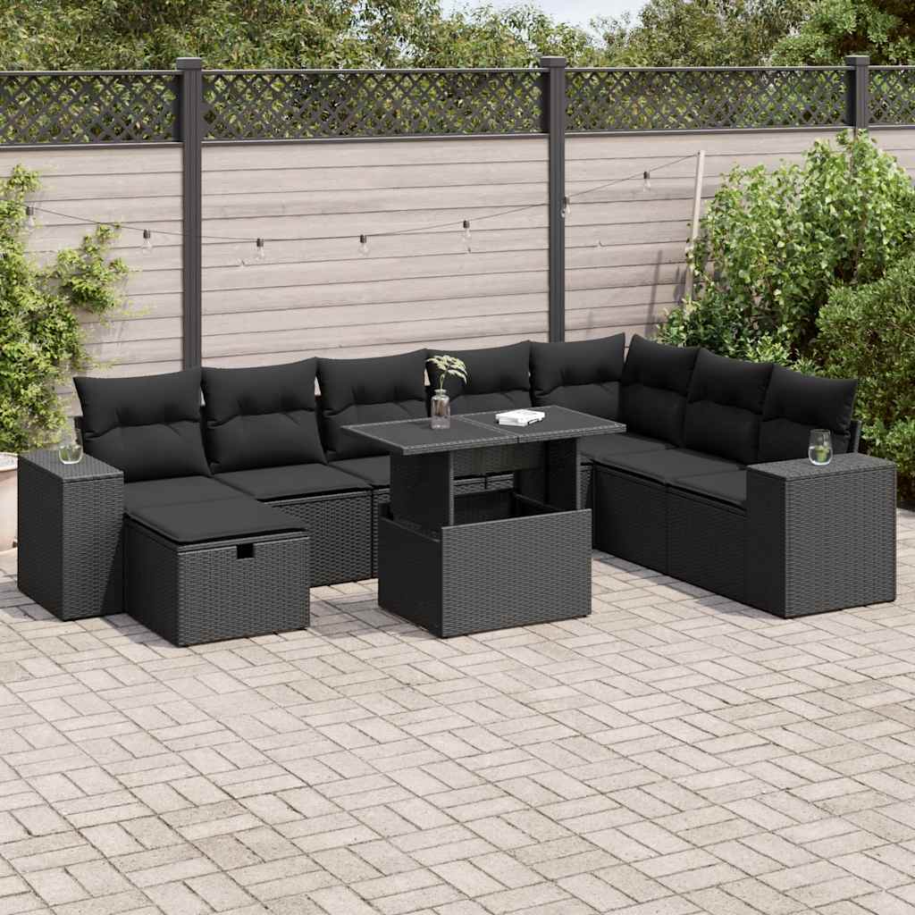 9 Pcs conjunto de sofás p/ jardim c/ almofadões vime PE preto