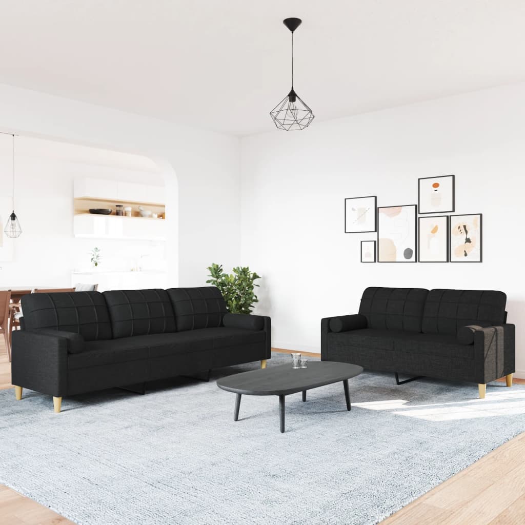 2 Pcs conjunto de sofás com almofadas decorativas tecido preto