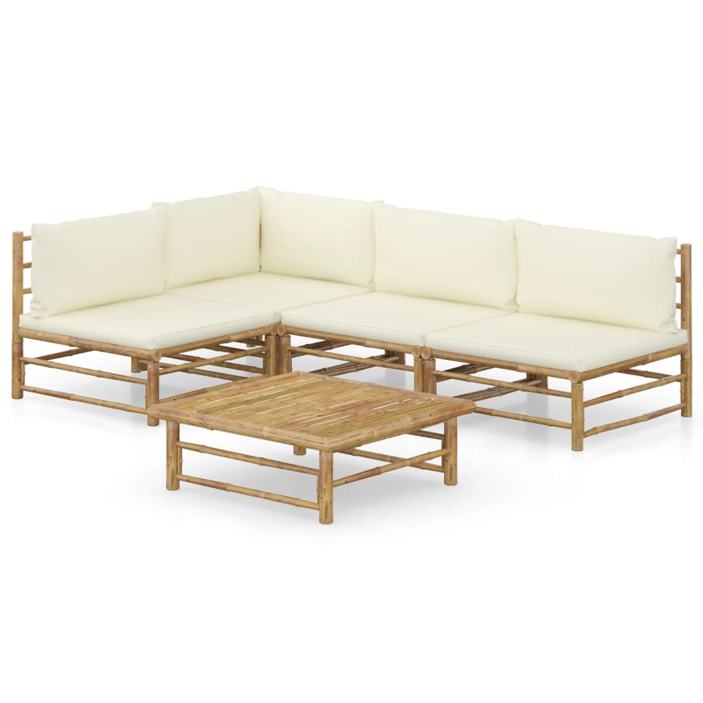 5 Pcs conj. lounge p/ jardim em bambu c/ almofadões branco nata