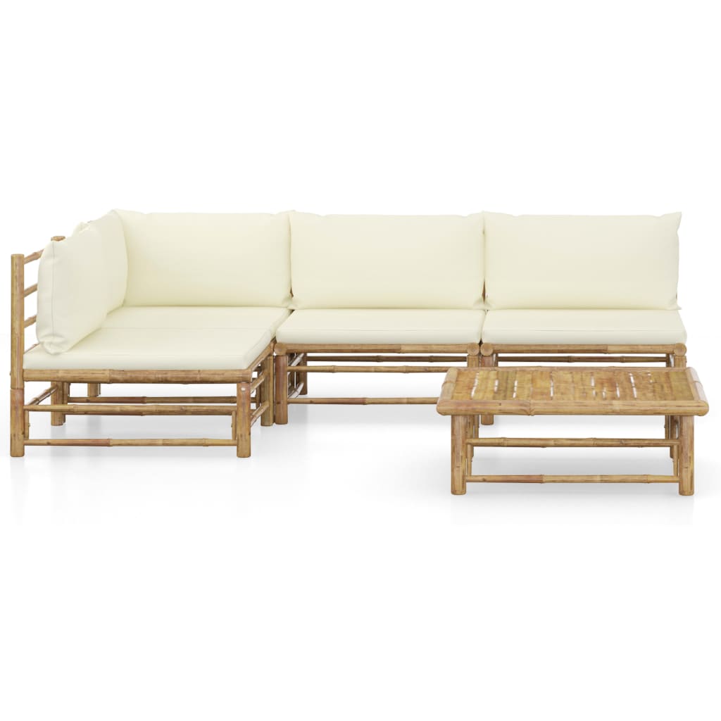 5 Pcs conj. lounge p/ jardim em bambu c/ almofadões branco nata