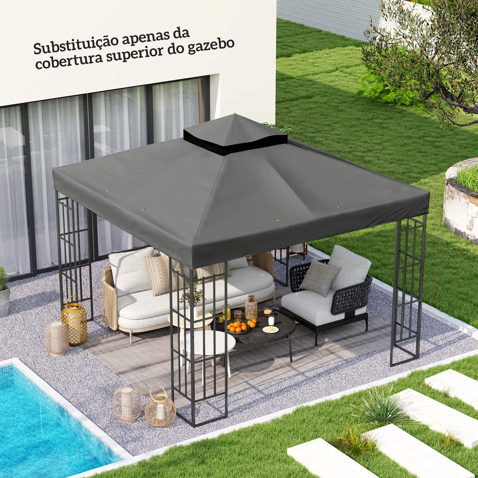 Toldo de substituição para pérgola 3x3 m toldo de substituição com teto duplo proteção UV 30+ toldo para pérgola cinza