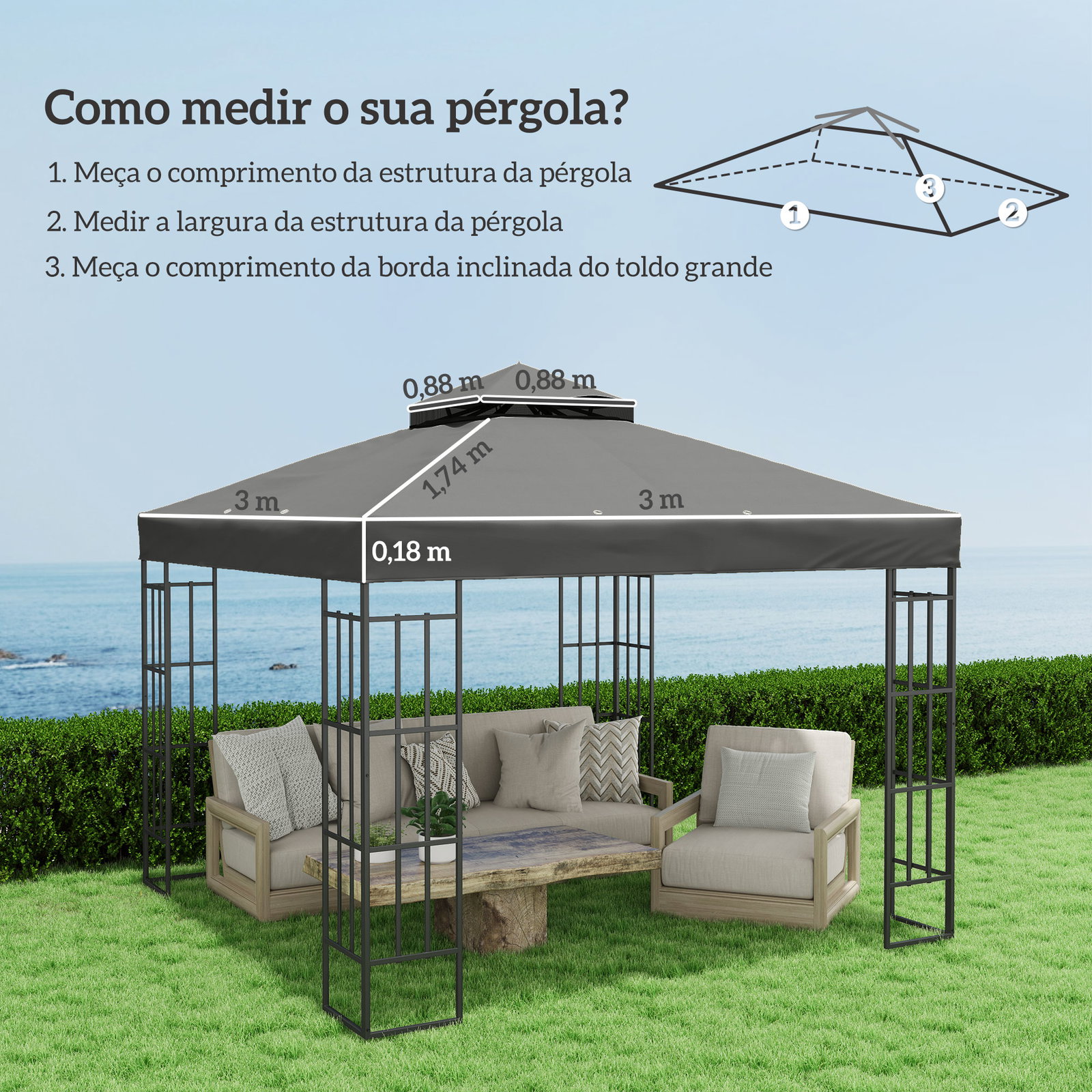 Toldo de substituição para pérgola 3x3 m toldo de substituição com teto duplo proteção UV 30+ toldo para pérgola cinza