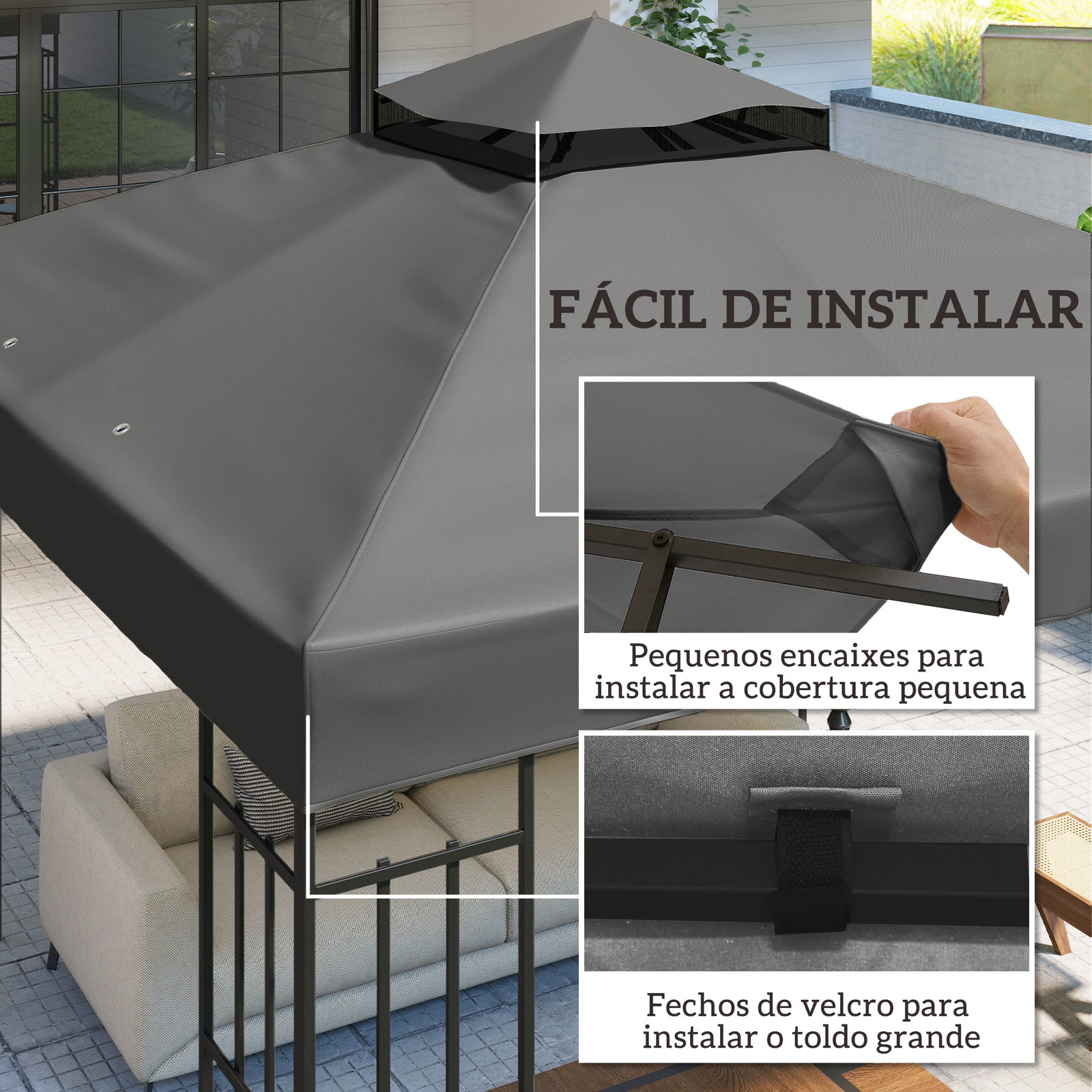 Toldo de substituição para pérgola 3x3 m toldo de substituição com teto duplo proteção UV 30+ toldo para pérgola cinza