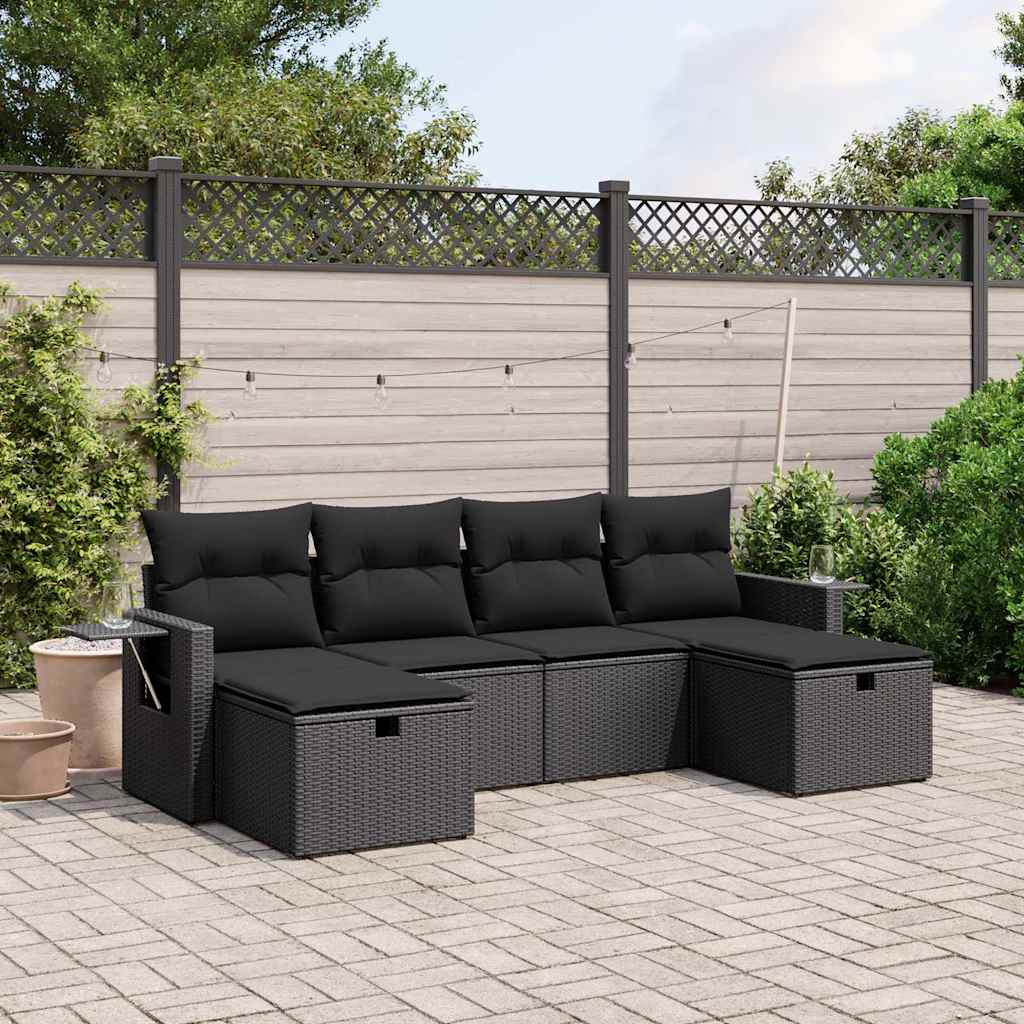 6 Pcs conjunto sofás de jardim c/ almofadões vime PE preto