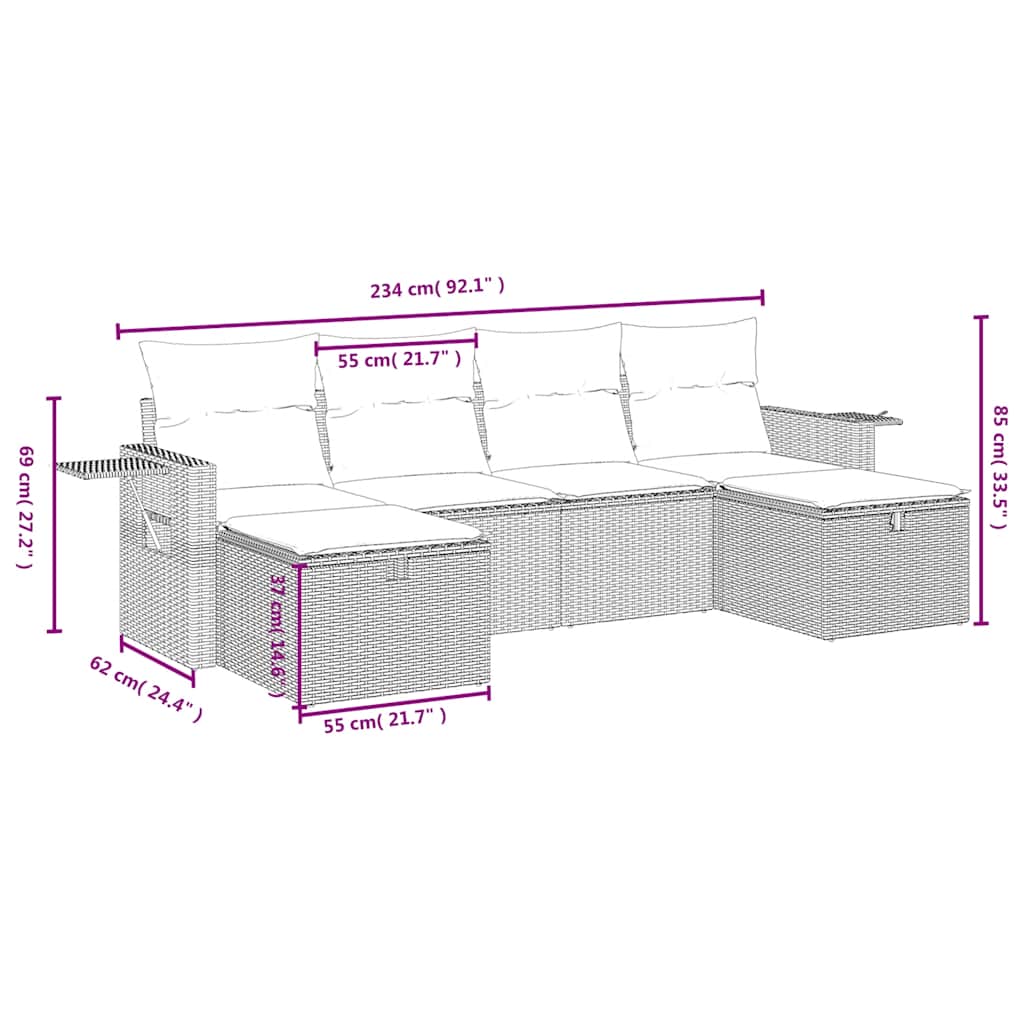 6 Pcs conjunto sofás de jardim c/ almofadões vime PE preto