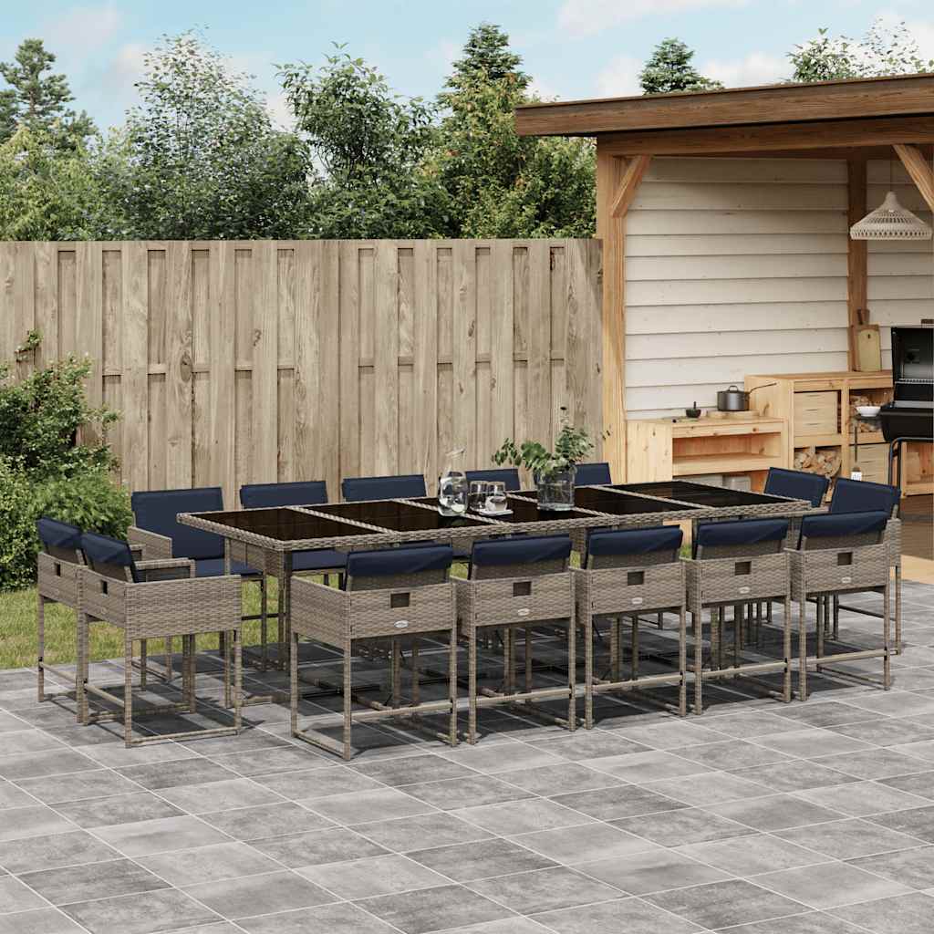 Conjunto de jantar para jardim com 15 peças e almofadas em rattan sintético cinza