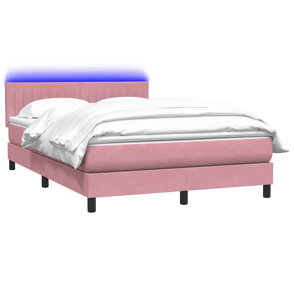 Cama box spring c/ colchão e LED 140x210 cm veludo rosa