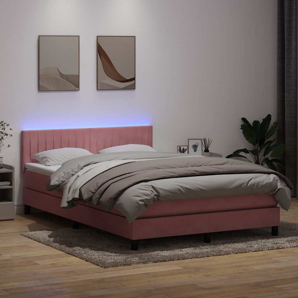 Cama box spring c/ colchão e LED 140x210 cm veludo rosa