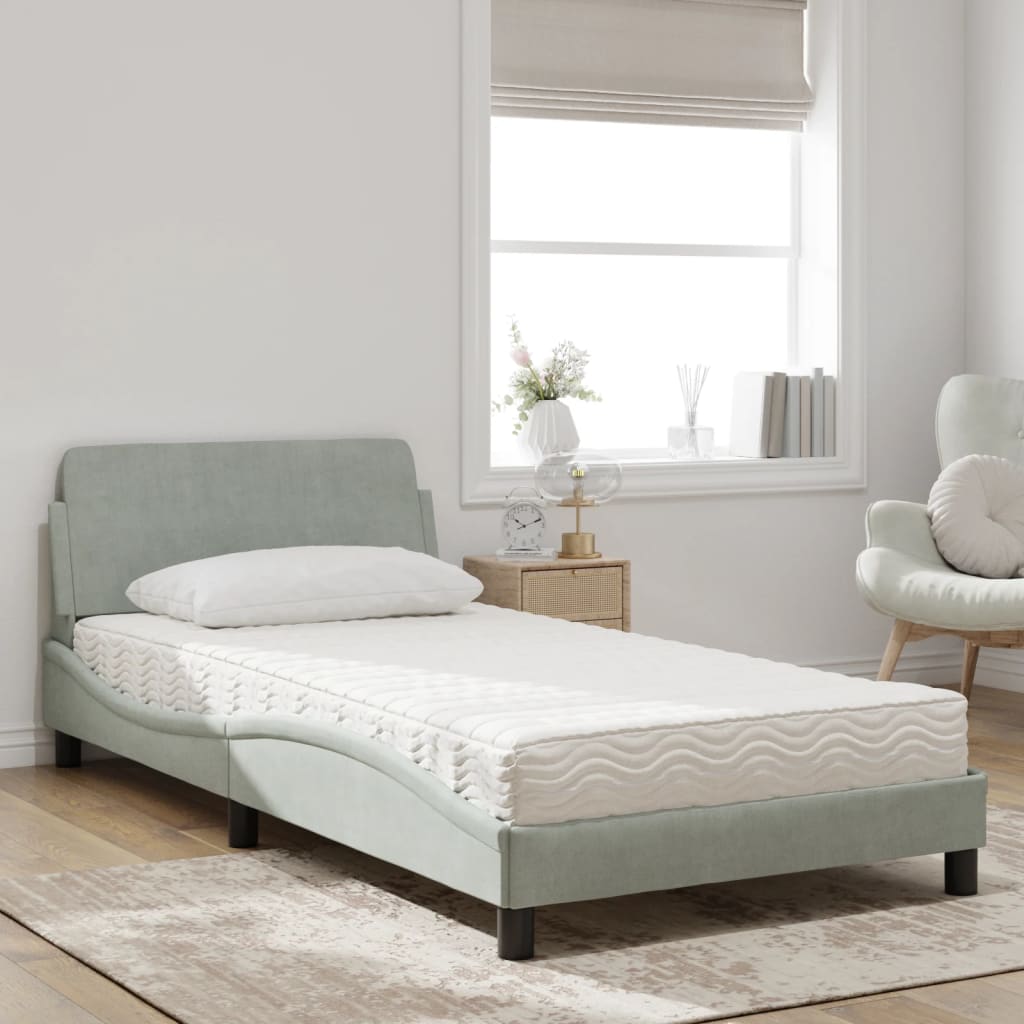 Cama com colchão dover 100x200 cm veludo cinzento-claro