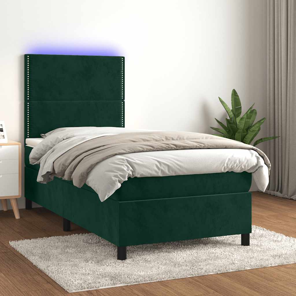 Cama box spring c/ colchão/LED 90x190 cm veludo verde-escuro