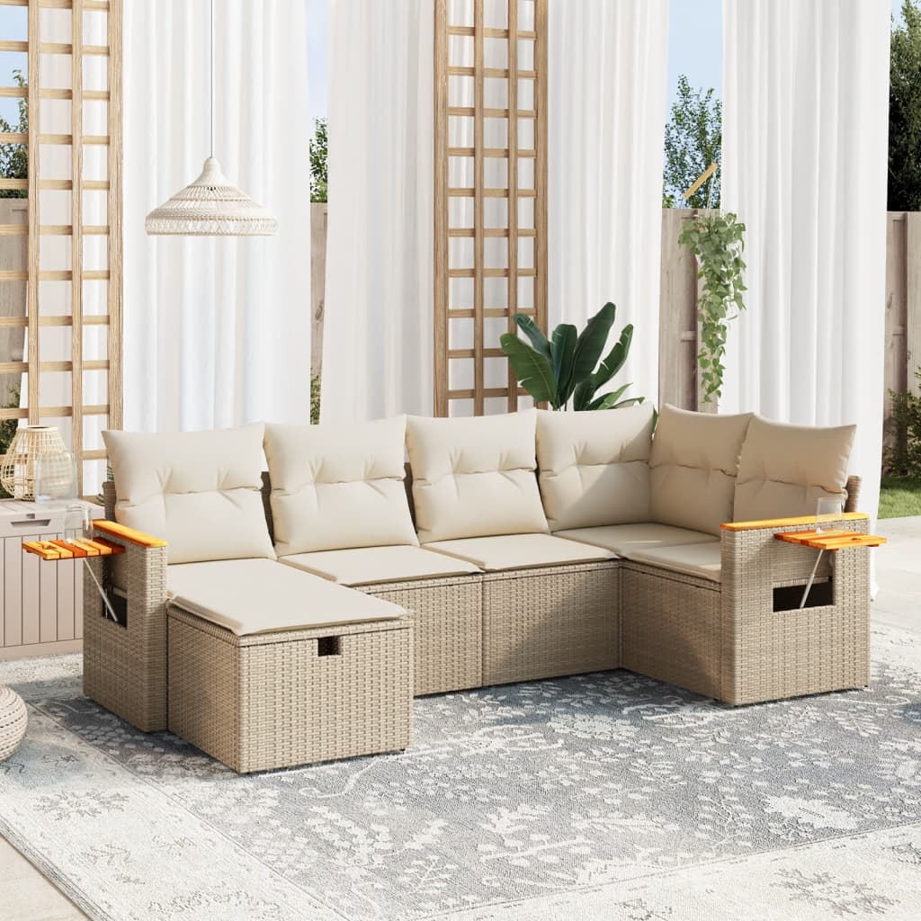 6 Pcs conjunto de sofás p/ jardim com almofadões vime PE bege