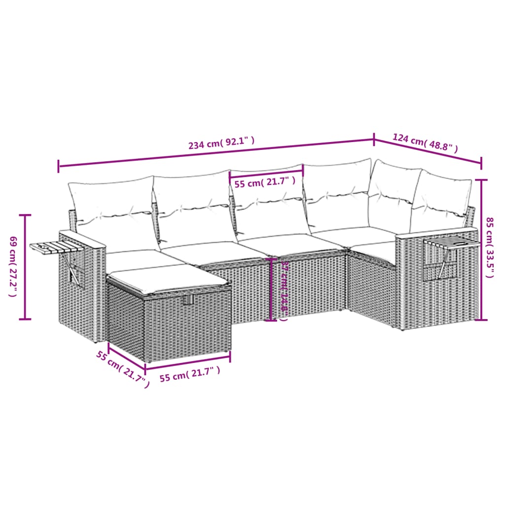 6 Pcs conjunto de sofás p/ jardim com almofadões vime PE bege