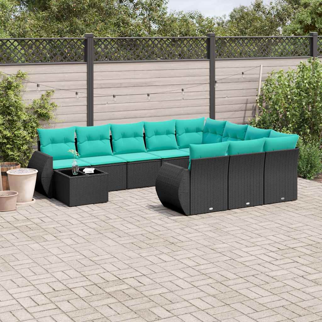 Conjunto de sofá de jardim com 11 peças e almofadas em rattan sintético preto