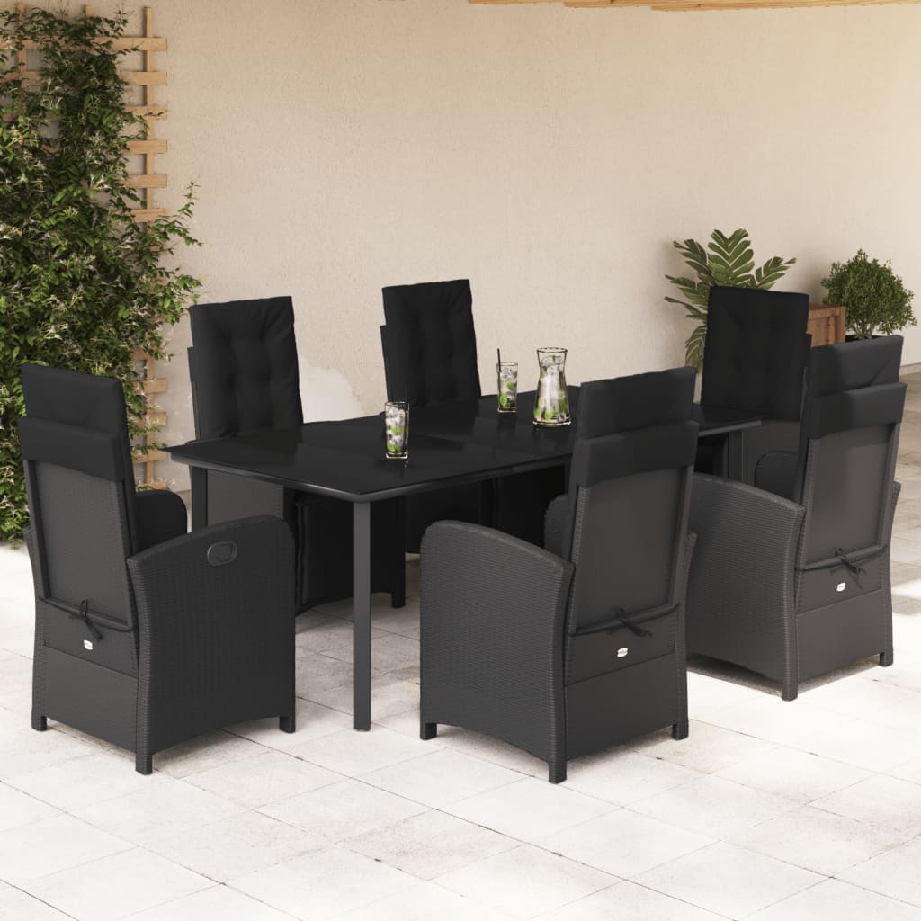 7 Pcs conjunto de jantar p/ jardim c/ almofadões vime PE preto