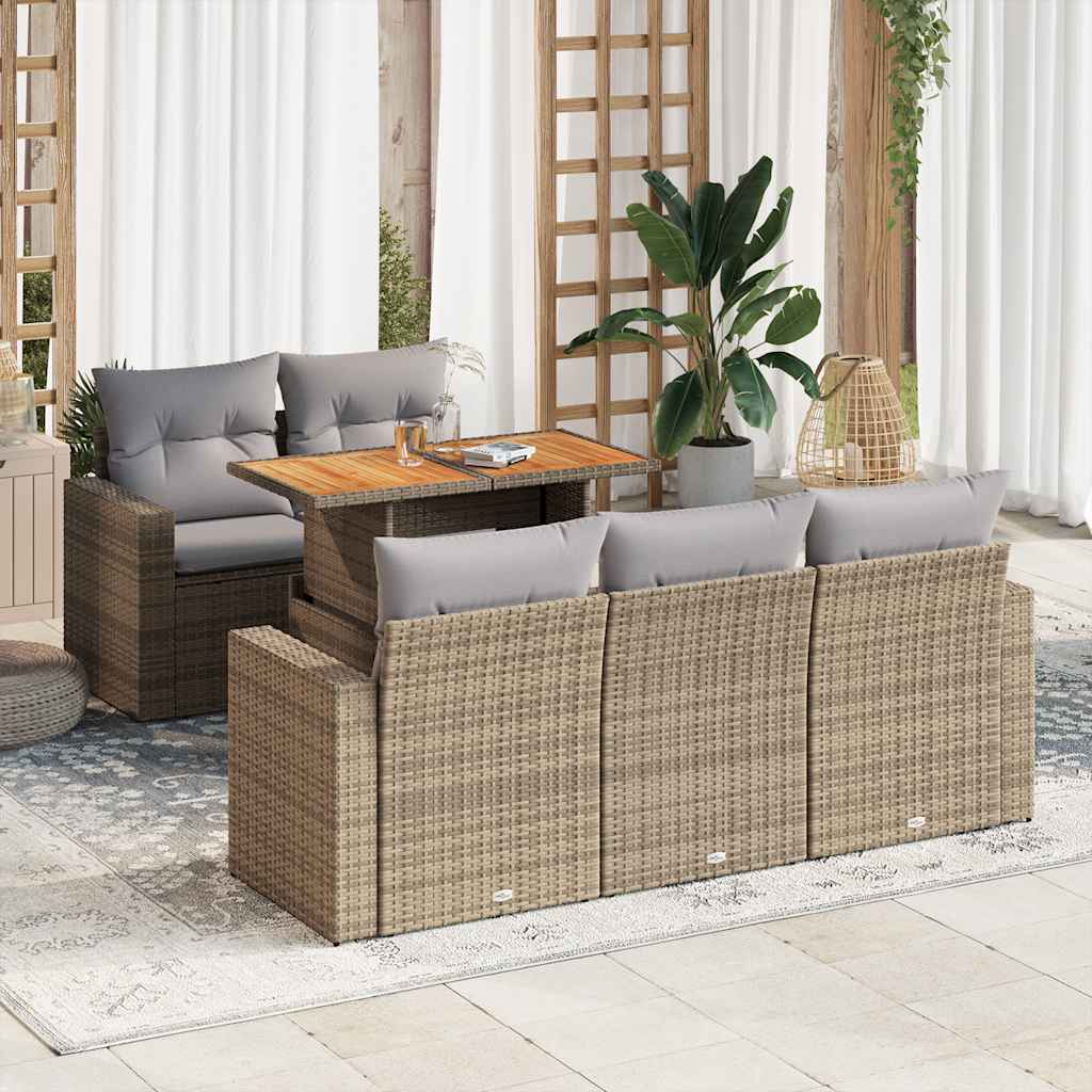 6 Pcs conjunto de sofás p/ jardim com almofadões vime PE bege