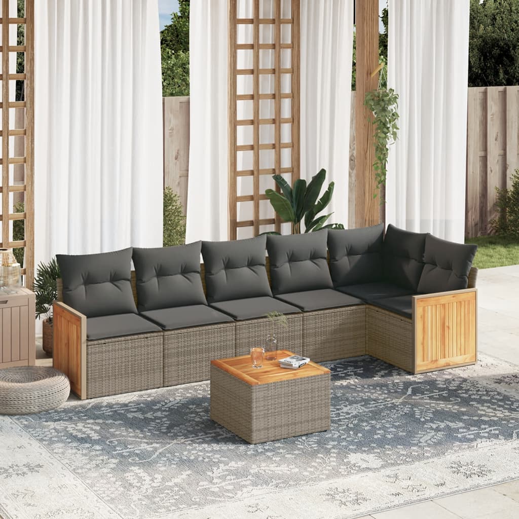 7 Pcs conjunto sofás p/ jardim c/ almofadões vime PE cinzento