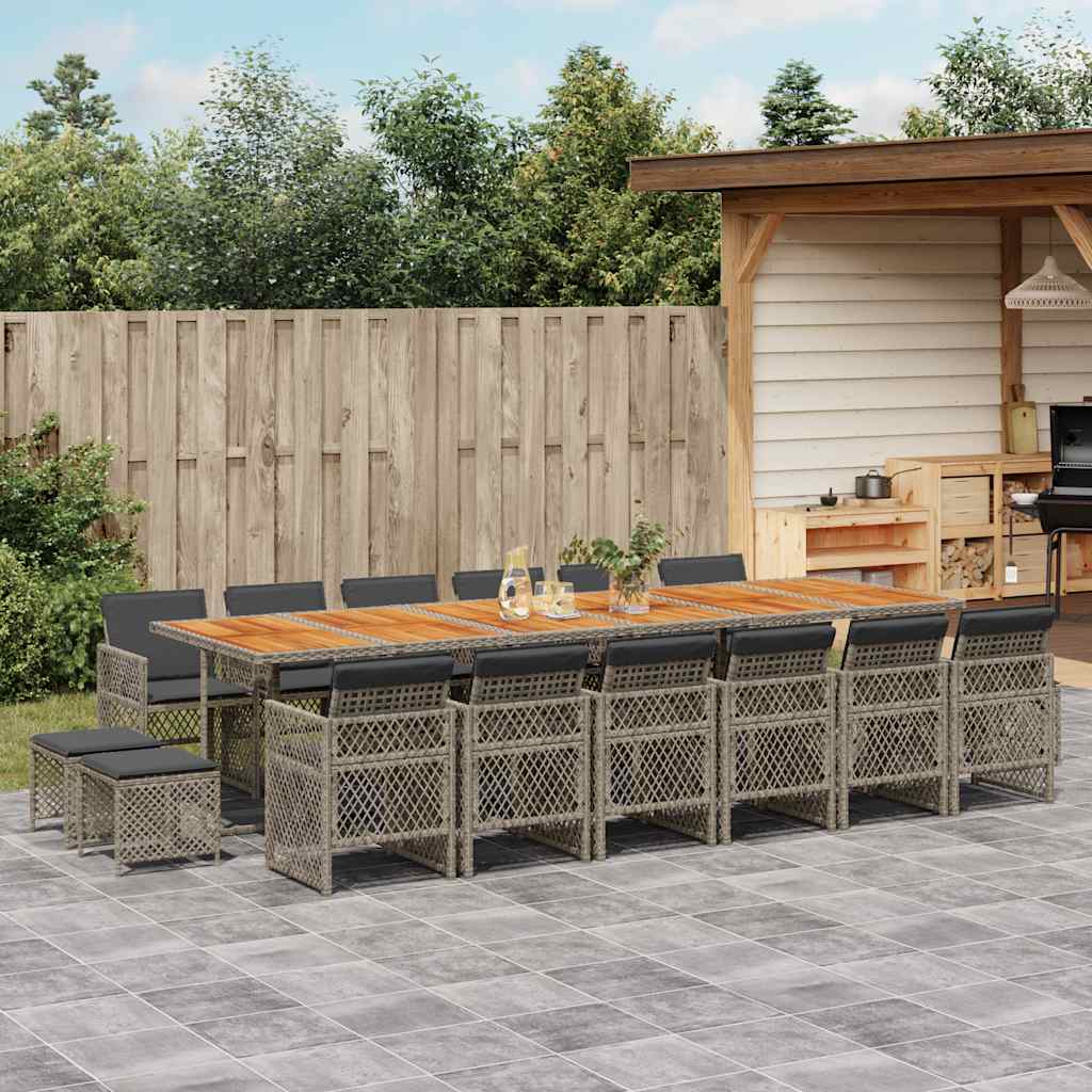 17 Pcs conj. de jantar p/ jardim c/ almofadões vime PE cinzento