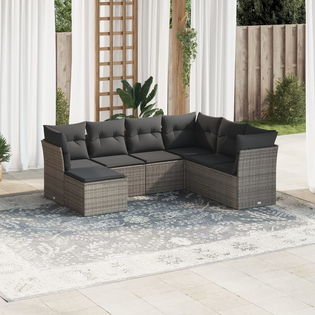 7 Pcs conjunto sofás p/ jardim c/ almofadões vime PE cinzento