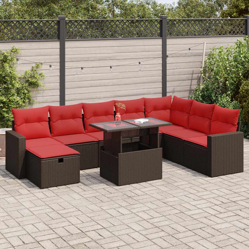 9 Pcs conjunto sofás p/ jardim almofadões vime PE/acácia castanho