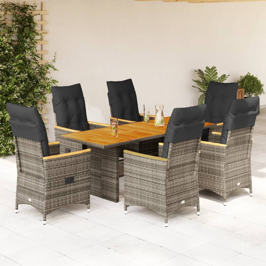 7 Pcs conjunto de jantar p/ jardim c/ almofadões vime PE cinza