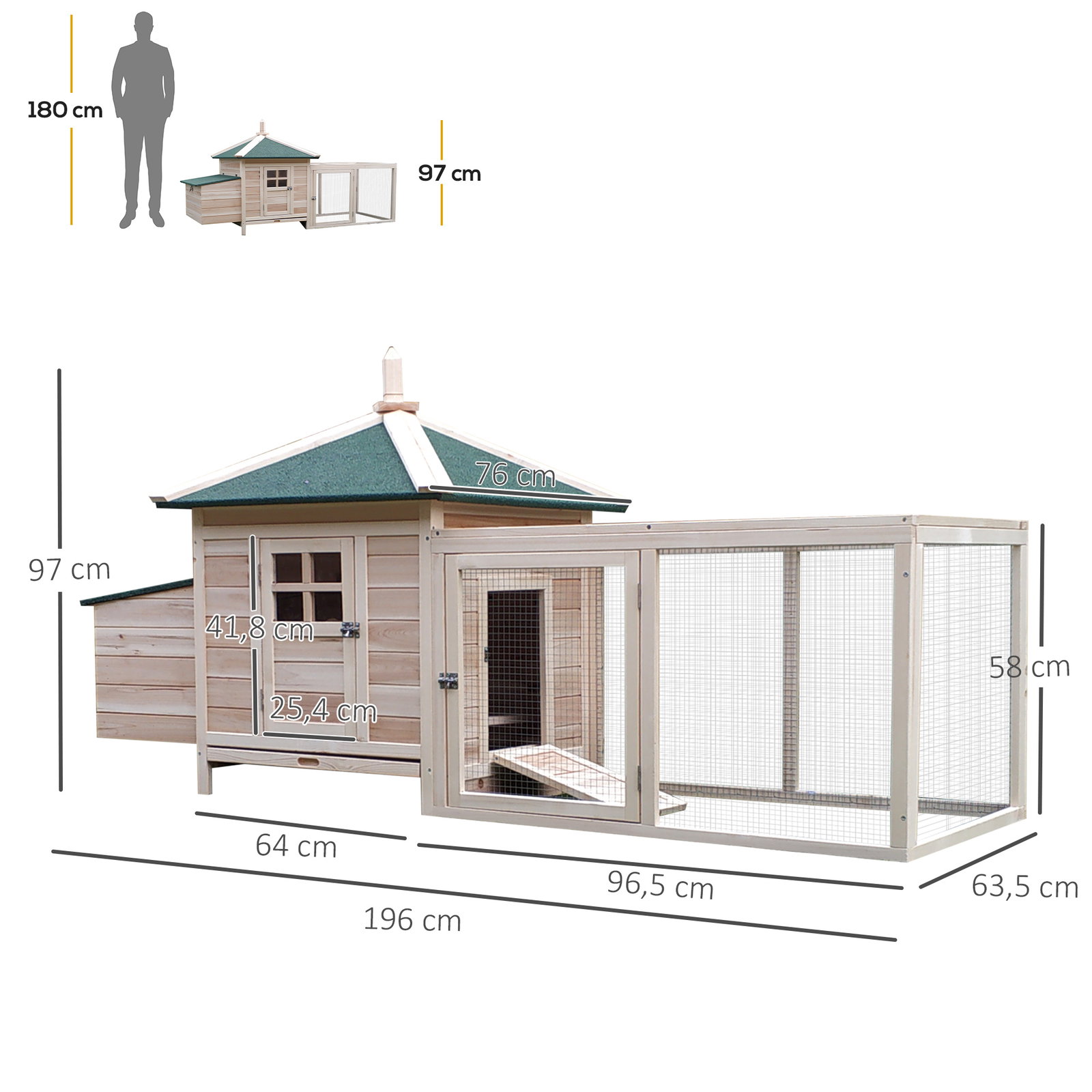 Galinheiro de madeira de abeto para galinhas exterior com caixa ninho bandeja removível e espaço para correr 196x76x97 cm natural