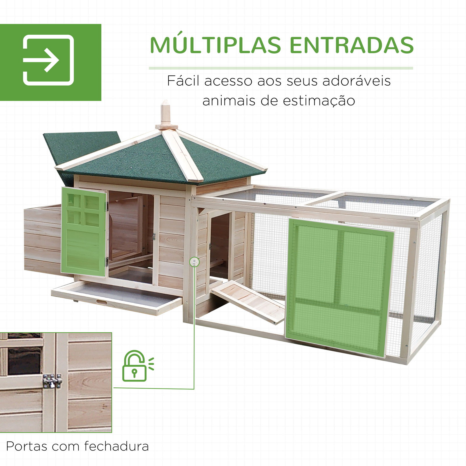 Galinheiro de madeira de abeto para galinhas exterior com caixa ninho bandeja removível e espaço para correr 196x76x97 cm natural