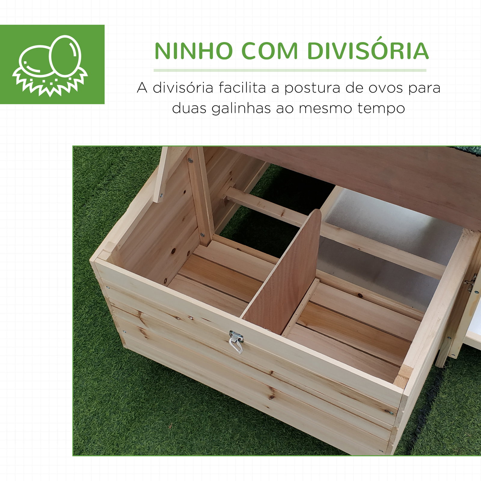 Galinheiro de madeira de abeto para galinhas exterior com caixa ninho bandeja removível e espaço para correr 196x76x97 cm natural