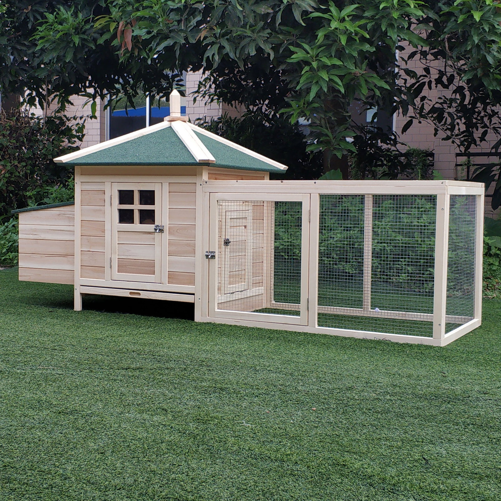Galinheiro de madeira de abeto para galinhas exterior com caixa ninho bandeja removível e espaço para correr 196x76x97 cm natural