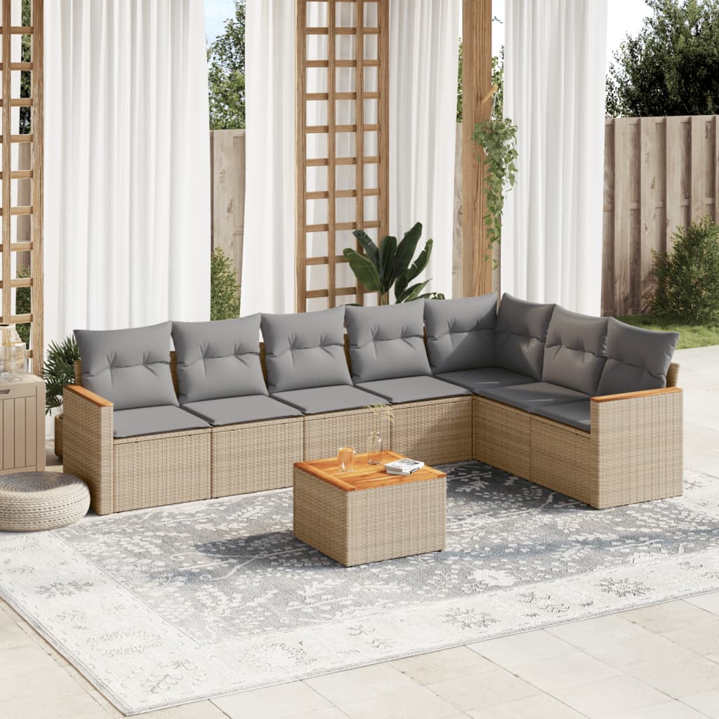 8 Pcs conj. sofás jardim c/ almofadões vime PE bege misturado