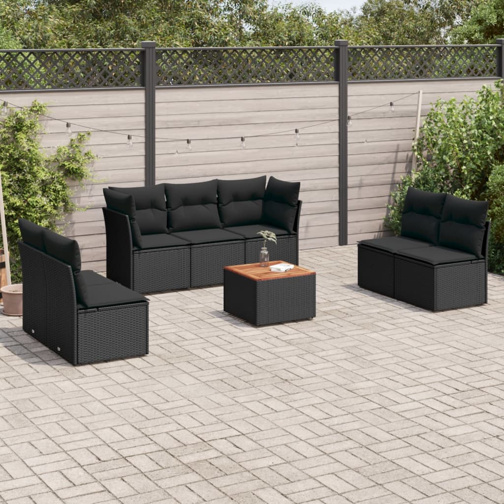 8 Pcs conjunto sofás de jardim com almofadões vime PE preto