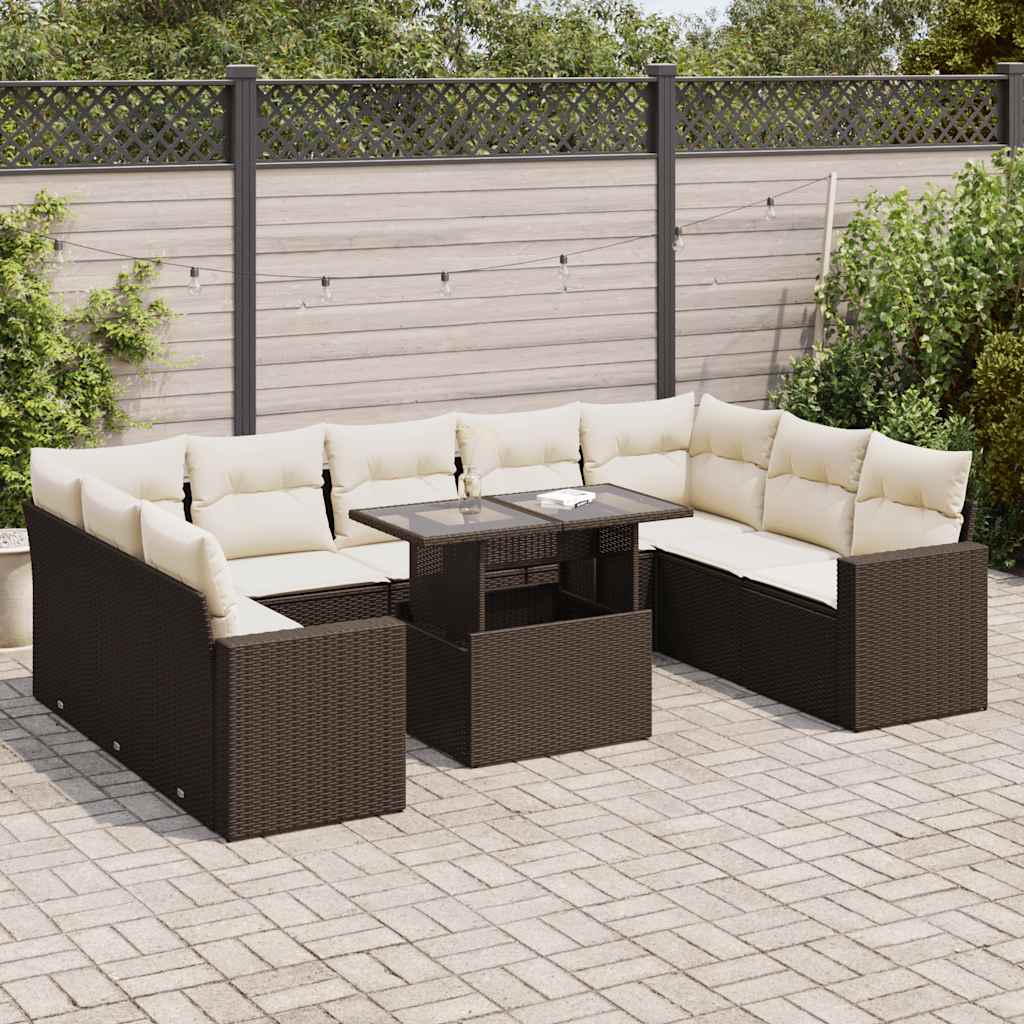 10 Pcs conj. sofás jardim com almofadões vime PE castanho