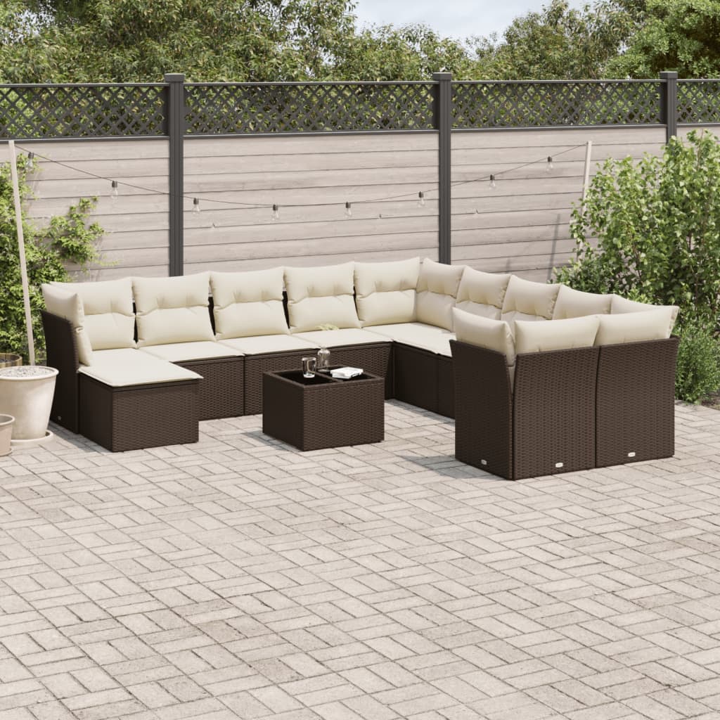 12 Pcs conjunto de sofás jardim com almofadões vime PE castanho