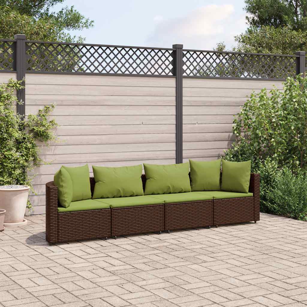 4 Pcs conjunto sofás de jardim c/ almofadões vime PE castanho