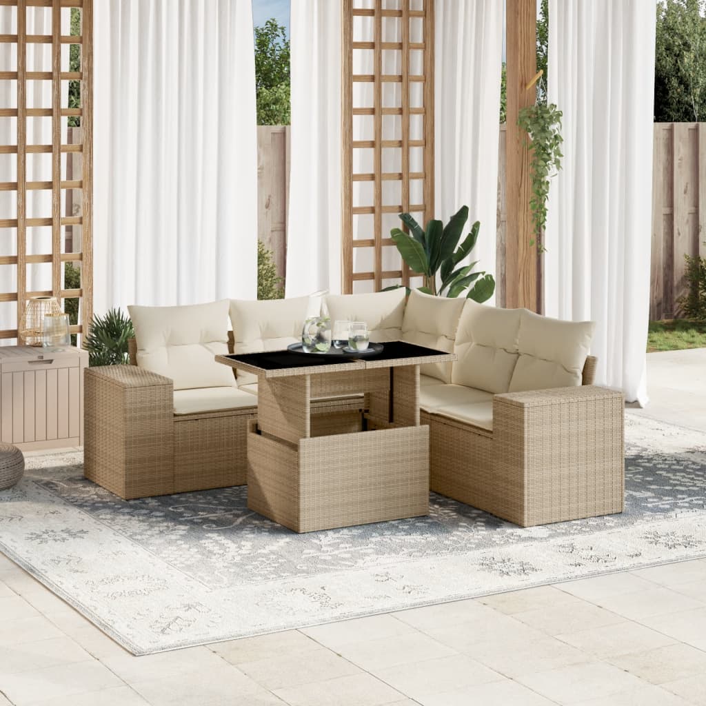 6 Pcs conjunto de sofás p/ jardim com almofadões vime PE bege