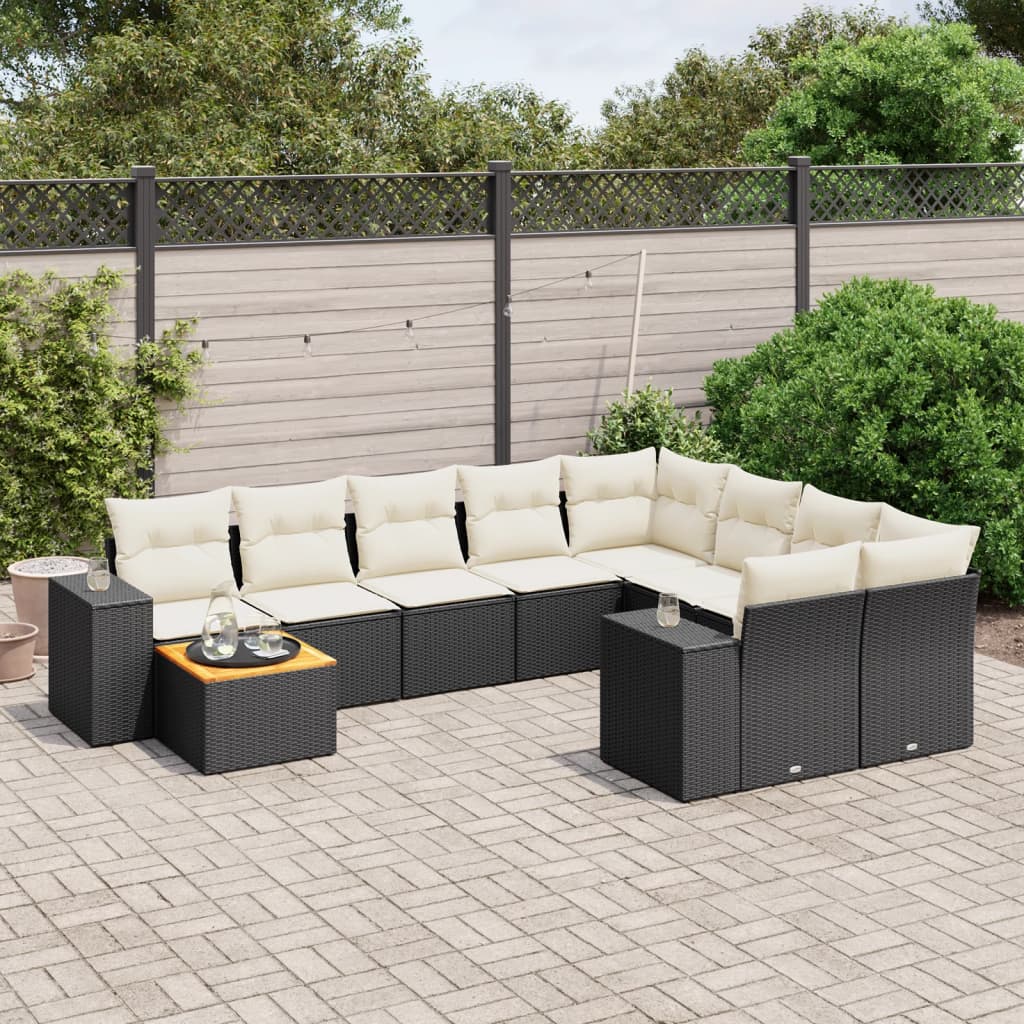 10 Pcs conjunto sofás de jardim c/ almofadões vime PE preto