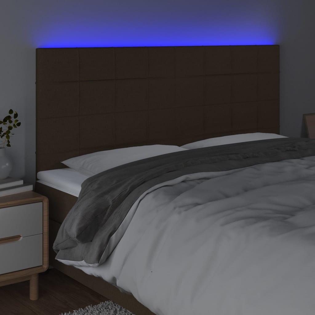 Cabeceira de cama c/ LED tecido 200x5x118/128 cm castanho
