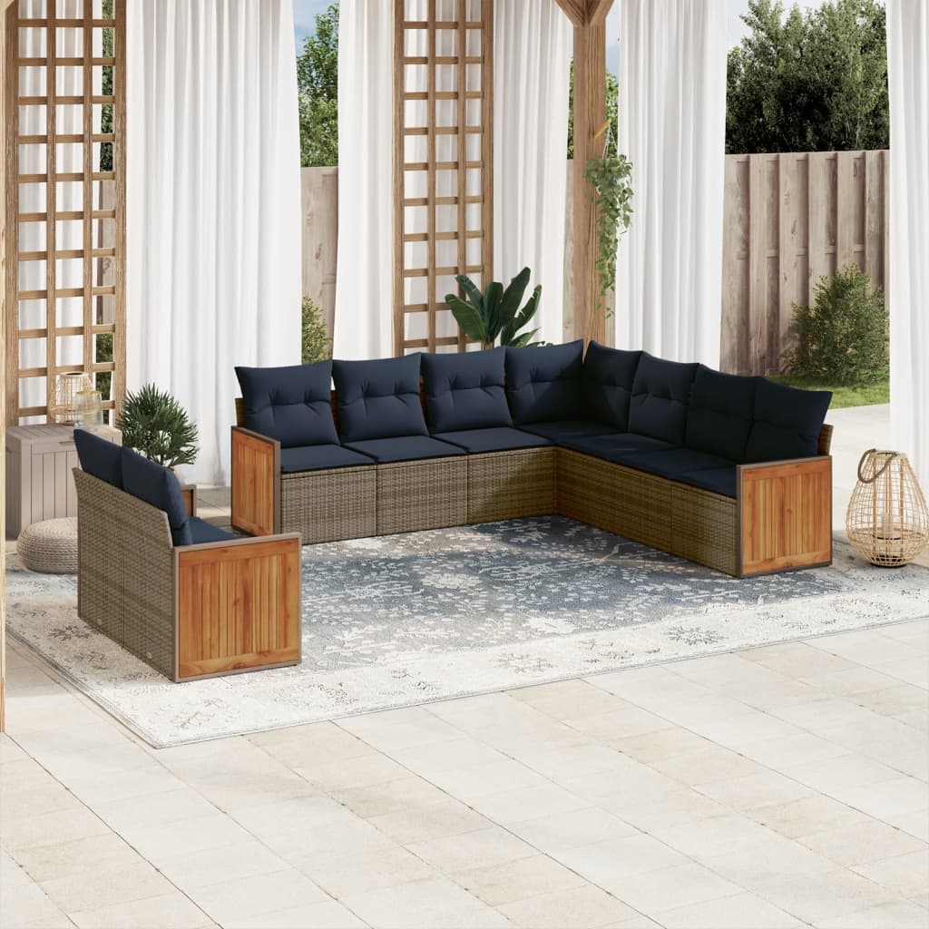 Conjunto de sofá de jardim de 9 peças com almofadas em rattan sintético cinza