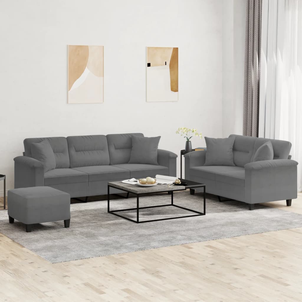 3 Pcs conjunto sofás c/ almofadas microfibra cinza-escuro
